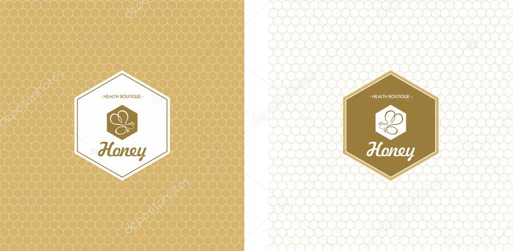 Stylish logo with honeycomb pattern for a market of honey with an illustration of a bee in a hexagon
