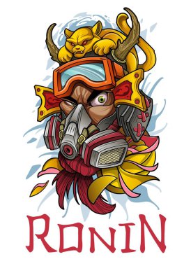 Savaş miğferi ve solunum cihazı takmış korkunç samuraylar, maske.