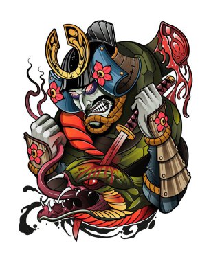Japon samurayları büyük bir iblis yılanı öldürür.