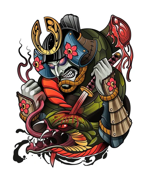 Японський самурай вбиває великого демона - змію. — стоковий вектор