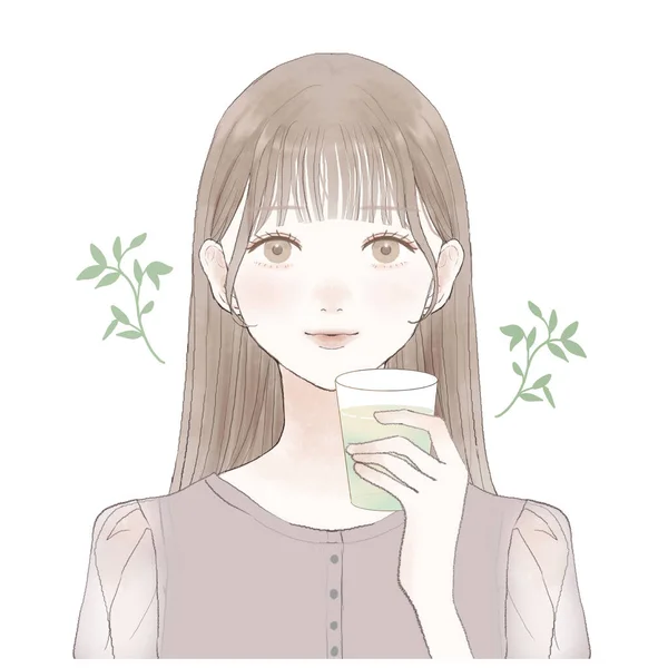 Woman Who Drinks Cold Tea Glass — Stockvector