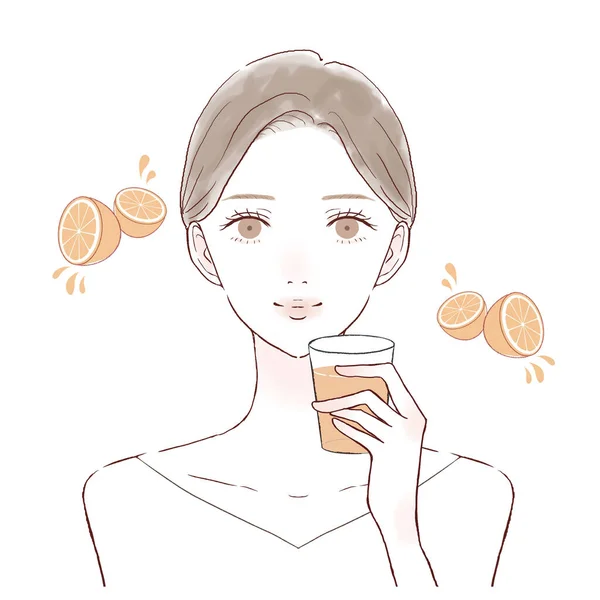 Young Woman Drinking Orange Juice Glass — Vector de stock