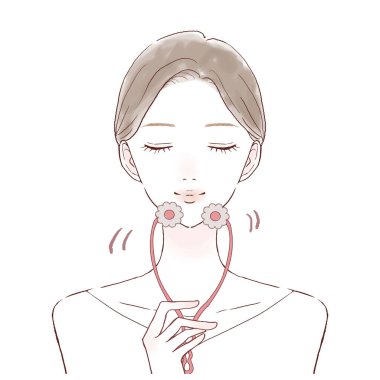 It is a woman who massages the face with a beautiful face roller.
