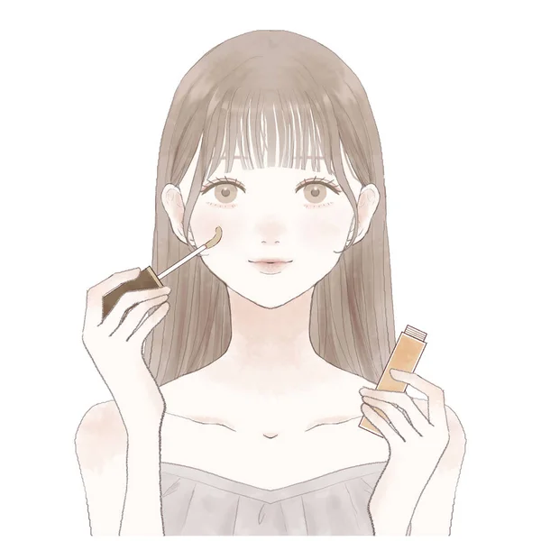 Young Woman Holding Concealer One Hand — Stock Vector