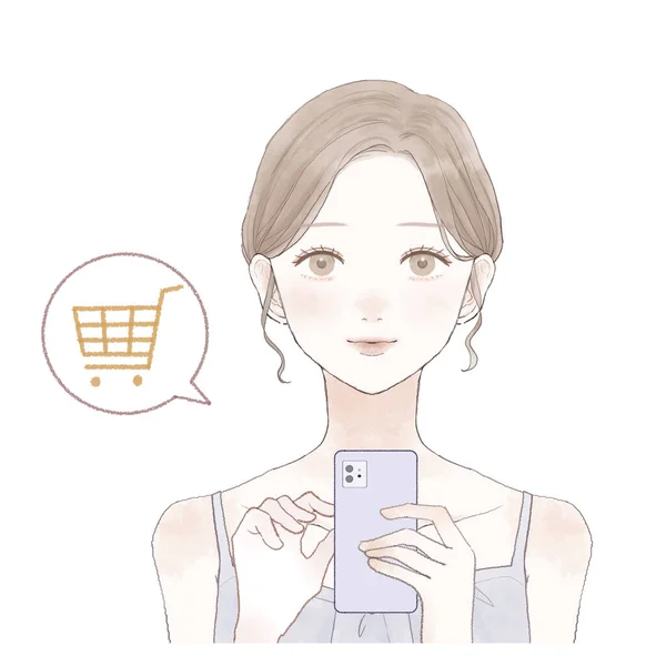 是个拿着智能手机在网上购物的女人 — 图库矢量图片