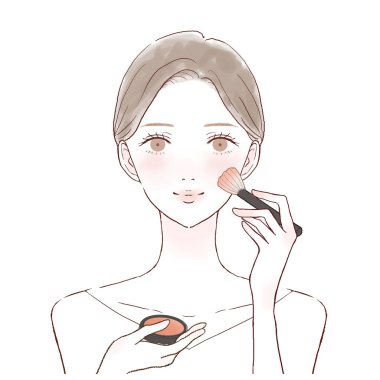 It is a woman who paints blush on the cheek with a makeup brush.