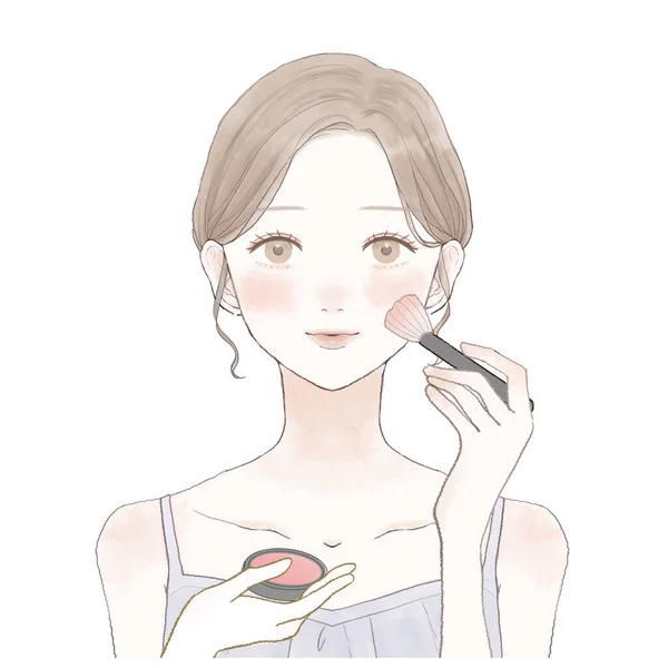 Una Mujer Que Pinta Rubor Mejilla Con Cepillo Maquillaje — Vector de stock
