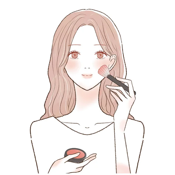 Woman Who Paints Blush Cheek Makeup Brush — Stock Vector