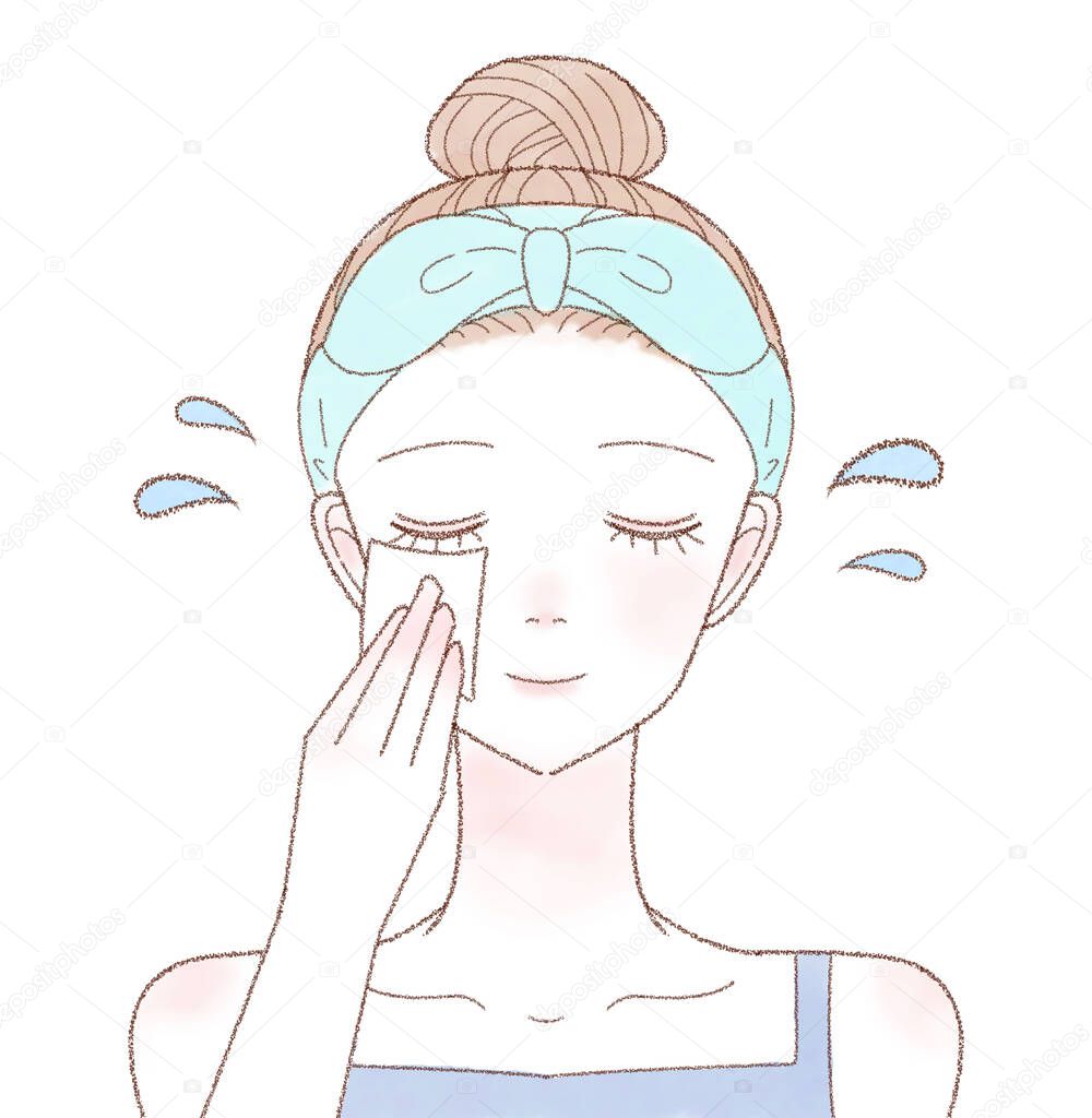 A woman who moisturizes by applying lotion-filled cotton to her face. On a white background.