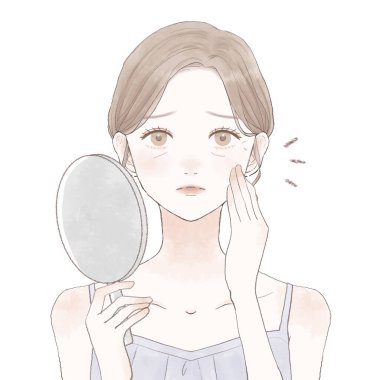 Küçük bir yüzle acı çeken bir kadın. Beyaz bir arkaplanda.