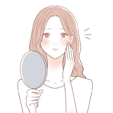 Küçük bir yüzle acı çeken bir kadın. Beyaz bir arkaplanda.