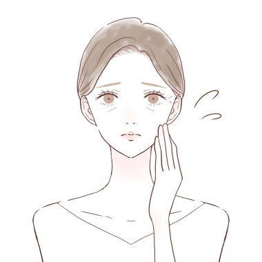 Küçük bir yüzle acı çeken bir kadın. Beyaz bir arkaplanda.