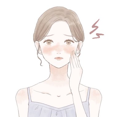 Deri iltihabından muzdarip bir kadın. Beyaz bir arkaplanda.