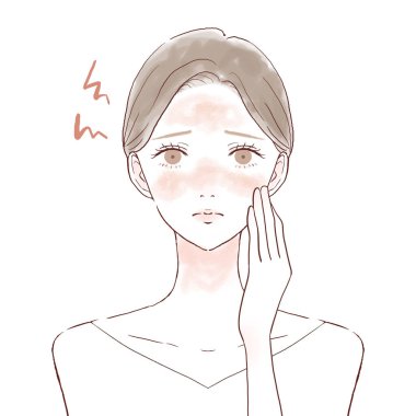 Deri iltihabından muzdarip bir kadın. Beyaz bir arkaplanda.