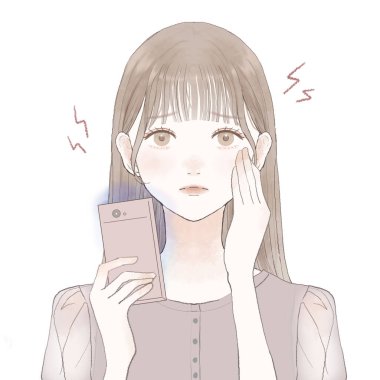 Akıllı telefonundaki mavi ışık yüzünden göz yorgunluğu ve görme kaybı çeken bir kadın. Beyaz bir arkaplanda.