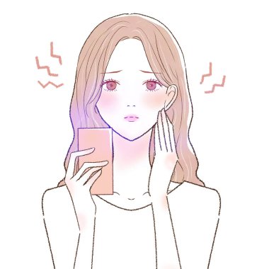 Akıllı telefonundaki mavi ışık yüzünden göz yorgunluğu ve görme kaybı çeken bir kadın. Beyaz bir arkaplanda.