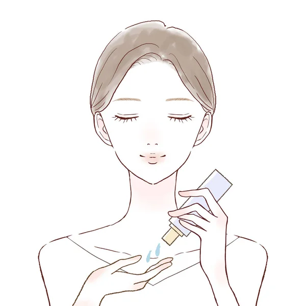 Mujer Tomando Aceite Para Cuidado Piel Sobre Fondo Blanco — Vector de stock