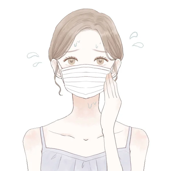 Woman Who Suffers Steaming Due Wearing Mask White Background — Stock Vector