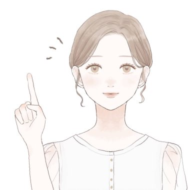 Parmağını göstererek açıklama yapan bir kadın. Beyaz bir arkaplanda.