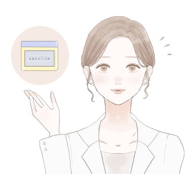 Vazelin 'in etkilerini açıklayan kadın doktor. Beyaz bir arkaplanda.