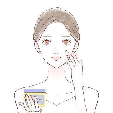 Yüzüne vazelin sürerek nemlendiren bir kadın. Beyaz bir arkaplanda.