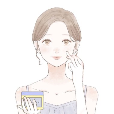 Yüzüne vazelin sürerek nemlendiren bir kadın. Beyaz bir arkaplanda.