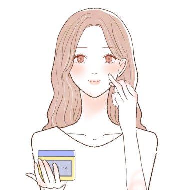 Yüzüne vazelin sürerek nemlendiren bir kadın. Beyaz bir arkaplanda.