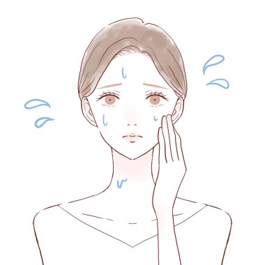 Aşırı terleme hastalığından muzdarip bir kadın. Beyaz bir arka planda. Hoş ve basit bir sanat tarzı..