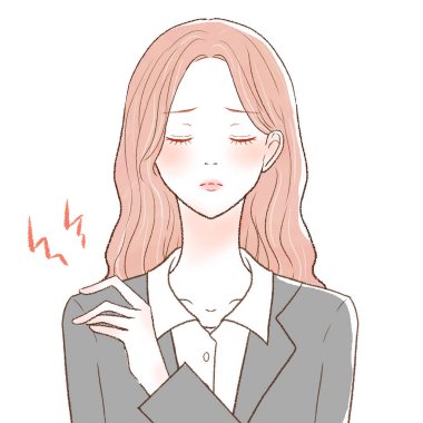 Takım elbiseli kadın sert omuzlardan muzdarip. Beyaz bir arka planda. Hoş ve basit bir sanat tarzı..