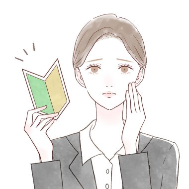 Acemi damgası olan sorunlu bir kadın çalışan. Beyaz bir arka planda. Basit ve şirin bir tasarım..