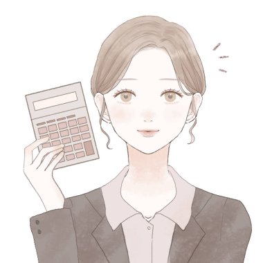 Hesap makineli kadın çalışan. Beyaz bir arka planda. Basit ve şirin bir tasarım..