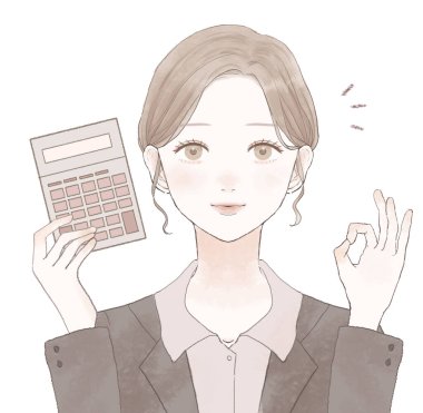 Hesap makineli bayan çalışan, tamam işareti. Beyaz bir arka planda. Basit ve şirin bir tasarım..