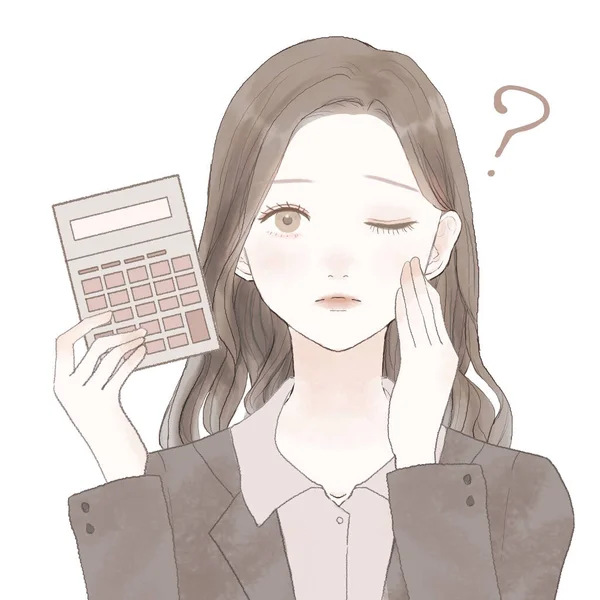 Женщина Работница Калькулятором Допрос Белом Фоне Простой Милый Дизайн — стоковый вектор