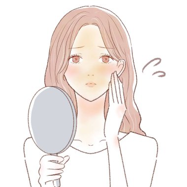 Donuk ciltten muzdarip bir kadın. Beyaz bir arkaplanda.