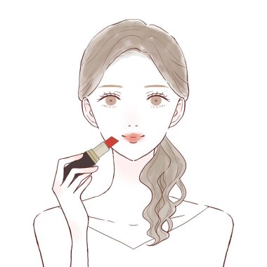 Ruj süren bir kadın. Beyaz bir arkaplanda.