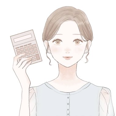 Hesap makineli kadın. Beyaz bir arkaplanda.