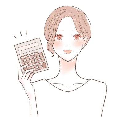 Hesap makineli kadın. Beyaz bir arkaplanda.