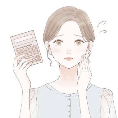 Hesap makinesi olan sorunlu bir kadın. Beyaz bir arkaplanda.