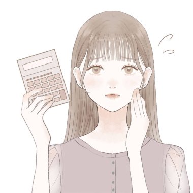 Hesap makinesi olan sorunlu bir kadın. Beyaz bir arkaplanda.