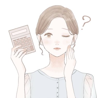 Hesap makineli bir kadın, sorguluyor. Beyaz bir arkaplanda.