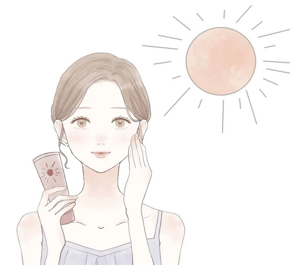 Ultraviyole Işınlarıyla Savaşmak Için Güneş Kremi Kullanan Bir Kadın Beyaz — Stok Vektör