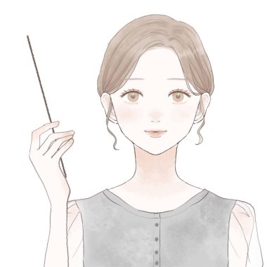 Elinde talimat çubuğu olan bir kadın açıklama yapıyor. Beyaz bir arkaplanda.