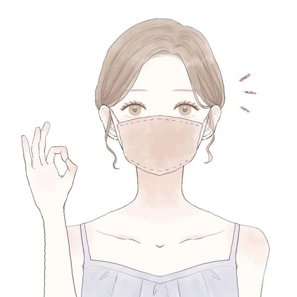 Kumaş Maskeli Bir Kadın Tamam Işareti Beyaz Bir Arkaplanda — Stok Vektör