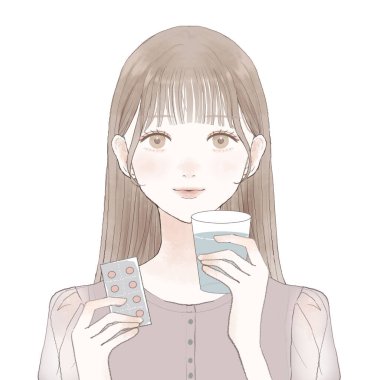 Tablet ilaç kullanan bir kadın. Beyaz bir arkaplanda.