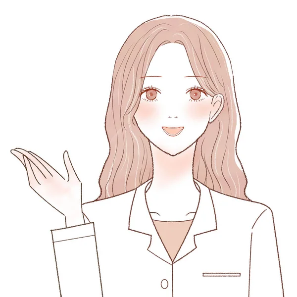 Rehberlik eden bir kadın doktor. Beyaz bir arkaplanda.