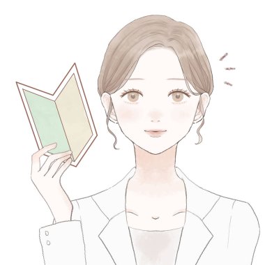 Acemi damgası olan bir kadın doktor. Beyaz bir arkaplanda.