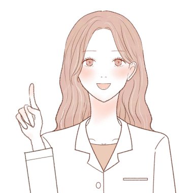 Kadın bir doktor parmağını göstererek durumu açıklıyor. Beyaz bir arkaplanda.