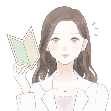 Acemi damgası olan bir kadın doktor. Beyaz bir arkaplanda.