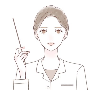 Kadın bir doktor elinde bir talimat çubuğu tutuyor ve açıklıyor. Beyaz bir arkaplanda.