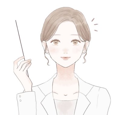 Kadın bir doktor elinde bir talimat çubuğu tutuyor ve açıklıyor. Beyaz bir arkaplanda.